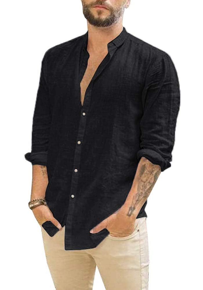 Makkrom Men Linen Shirt Button Down Long Sleeve Cotton Beach Band Collar Casual Summer Shirts - Image 1